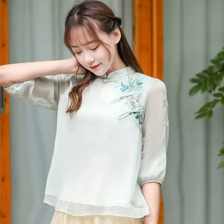 2021 женский кружевной шифоновый топ с вышивкой Винтажная летняя блузка Hanfu