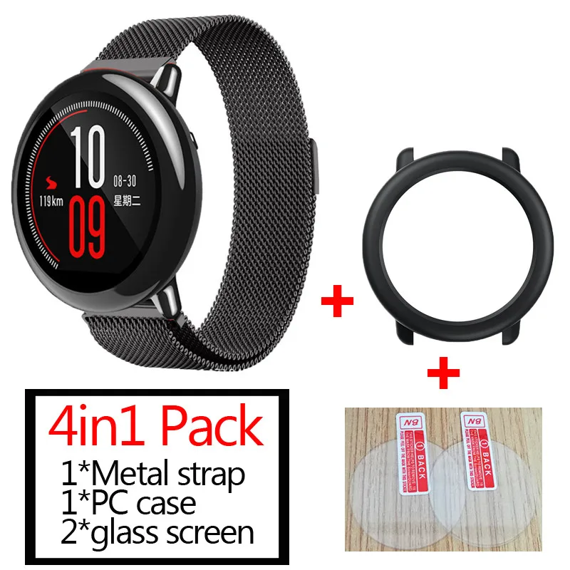 3в1 Для xiaomi Huami Amazfit pace ремешок для часов металлический Миланский ремешок+ защитный чехол для наручного ремня+ Защитное стекло для экрана
