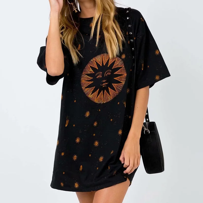 Sun Moon Print Oversize Tops T-shirts Summer Gothic Punk Black Streetwear Women Loose T-shirt Plus Size T Shirts Short Sleeve | Женская