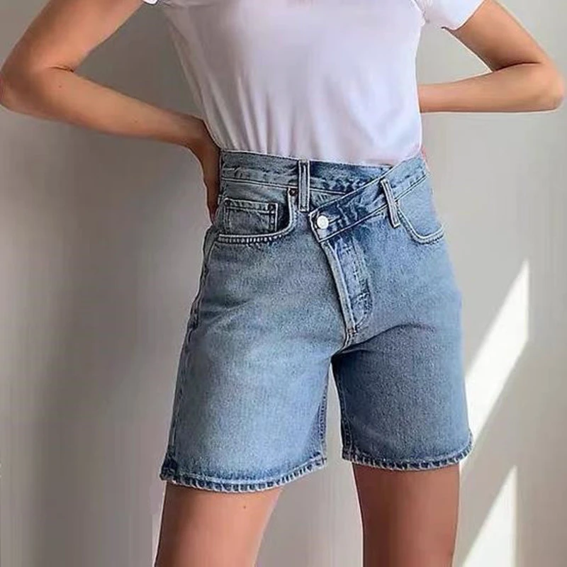 

Asymmetric Waist Straight Leg Jeans Denim Shorts Womens Vintage High Waist fashion 2021 summer casual clothings
