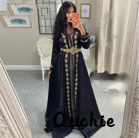 

Black Satin Moroccan Kaftan Evening Dresses Applique Gold Belt Mother Dress Arabic Muslim Special Occasion Formal Party Gown