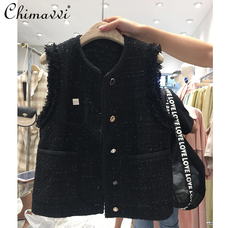 

Женский Теплый жилет, коллекция осень 2021, верхняя одежда, твидовая куртка без рукавов, Женский однобортный черный жилет в Корейском стиле, к...