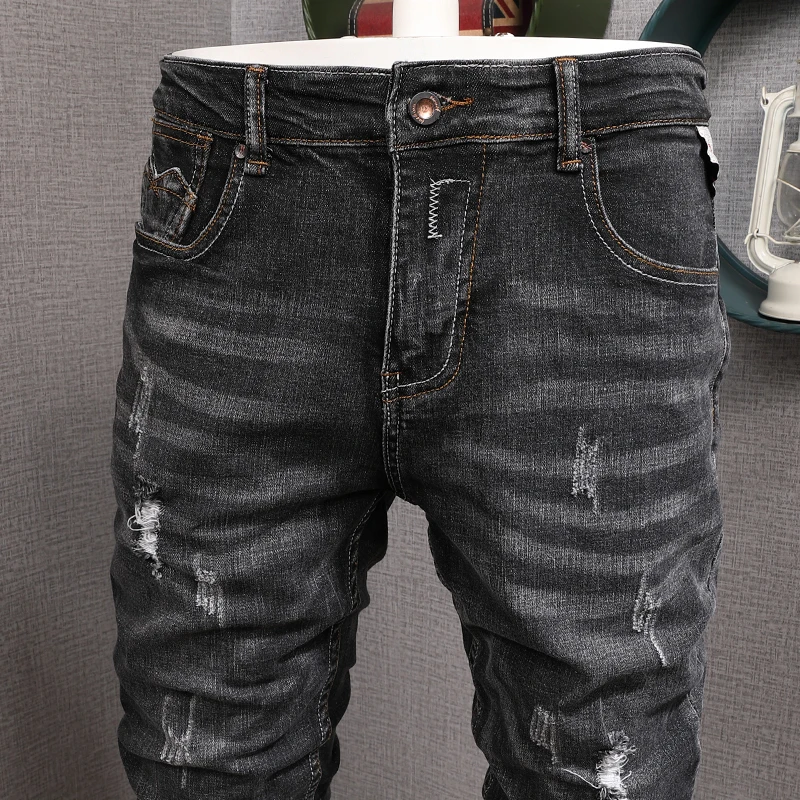 European Vintage Fashion Men Jeans Retro Black Gray Elastic Slim Ripped Jeans Men Distressed Designer Cotton Denim Punk Pants