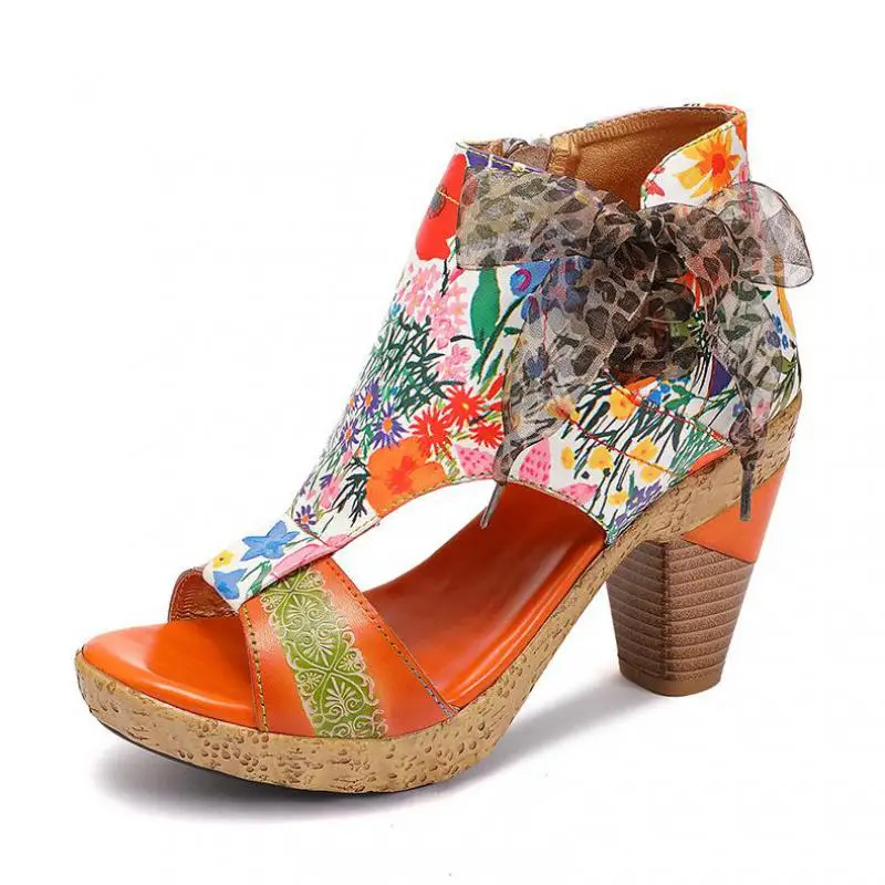 

Johnature Retro Shoes Women Sandals Genuine Leather High Heels 2021 New Mixed Colors Zip Handmade Flower Sewing Platform Sandals