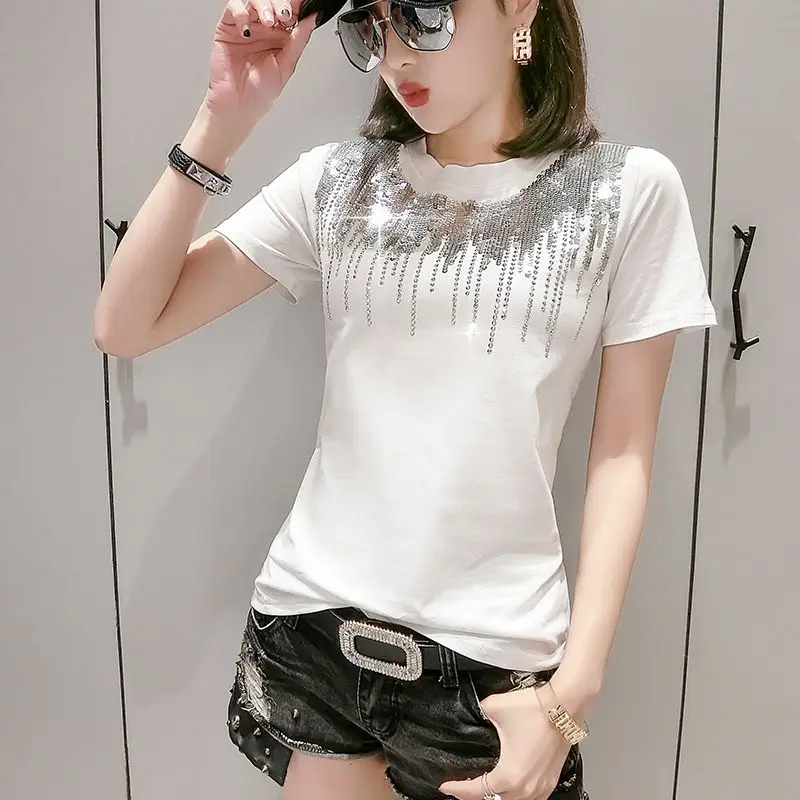 White tshirt Однотонная футболка с блестками и бриллиантами, круглый вырез, новинка, летний офисный женский хлопковый топ, рубашка, Camiseta Mujer, черный, белый цвет, T95107L - Цвет: White tshirt