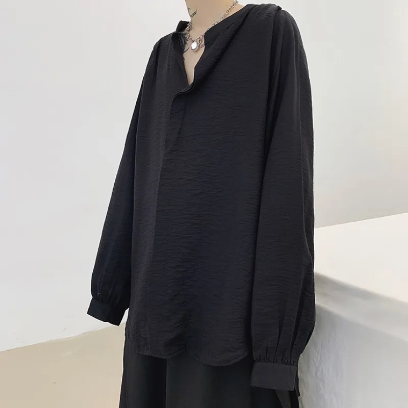 

Harajuku Loose Fit Mens Shirts Stand Collar Designer Tops Male Casual Classic Black White Baggy Spring Long Sleeve Shirt Top