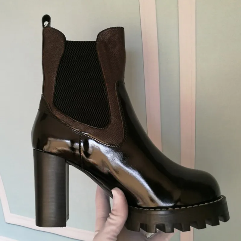 Sheepskin lining Женские разноцветные ботильоны на высоком каблуке со шнуровкой в британском стиле; новые модные женские полусапожки из натуральной кожи с круглым носком на толстой подошве - Цвет: Sheepskin lining