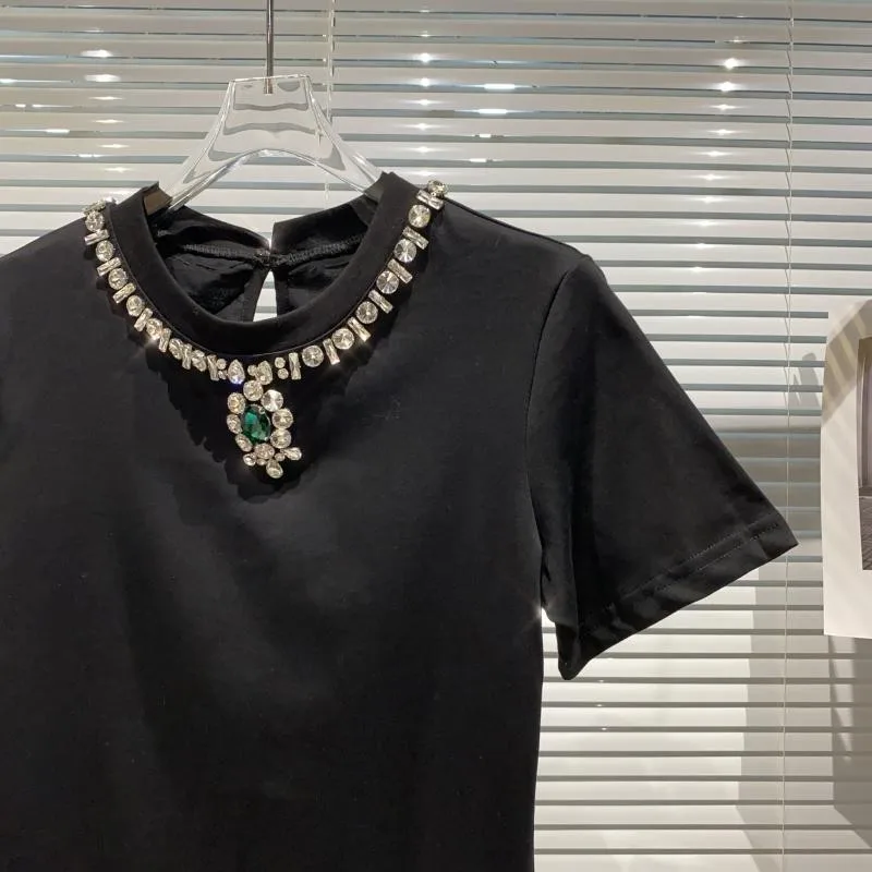 

Womens Short Sleeve Casual Black T Shirt Luxury Diamonds O Neck Slim Fit Summer Tees Tops Streetwear Female Pullover T Shirts