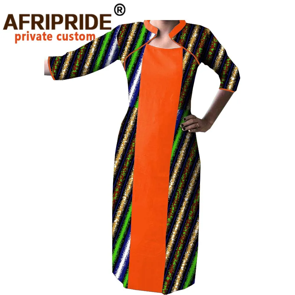 spring african dresses for women AFRIPRIDE three quarter sleeves mid-calf length straight casual cotton dress A7225120 | Женская одежда