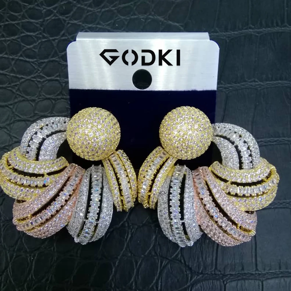 3 Tone GODKI, роскошные африканские серьги-гвоздики для женщин, свадебные индийские ювелирные изделия для невесты, серьги с кубическим цирконием - Окраска металла: 3 Tone