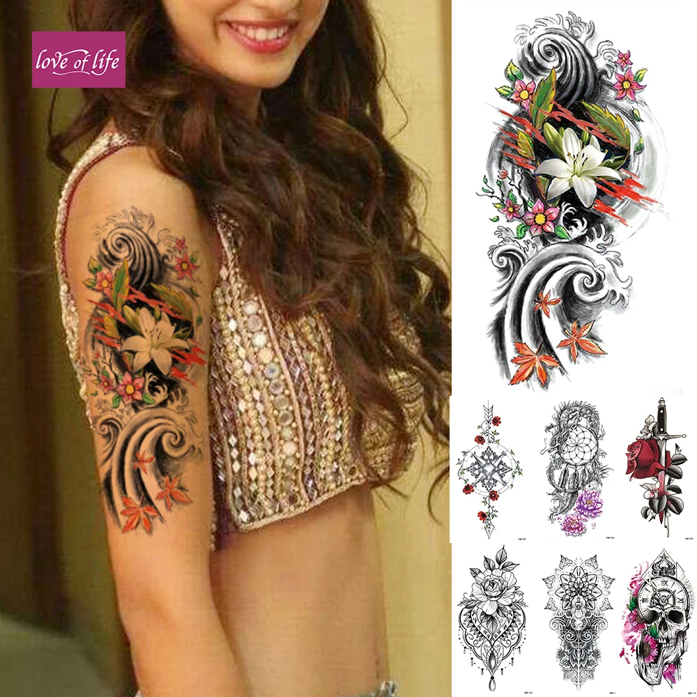

Waterproof Temporary Tattoo Sticker Japanese lily Demon Flash Tattoos Rose Sword Body Art Arm Fake Tatoo Women Men