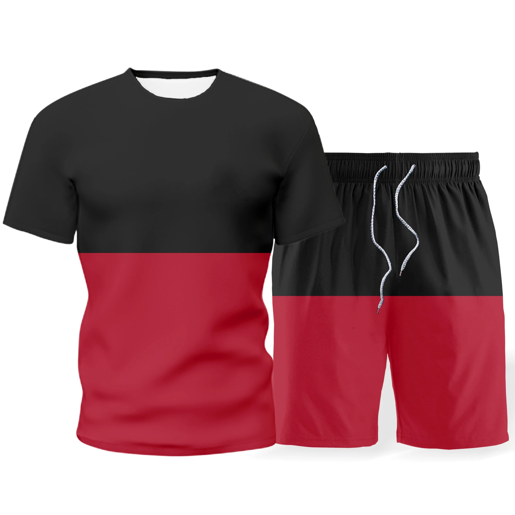 

2021 men's suit simple summer T-shirt suit black and red stitching fashion two-piece short street style 3D printing