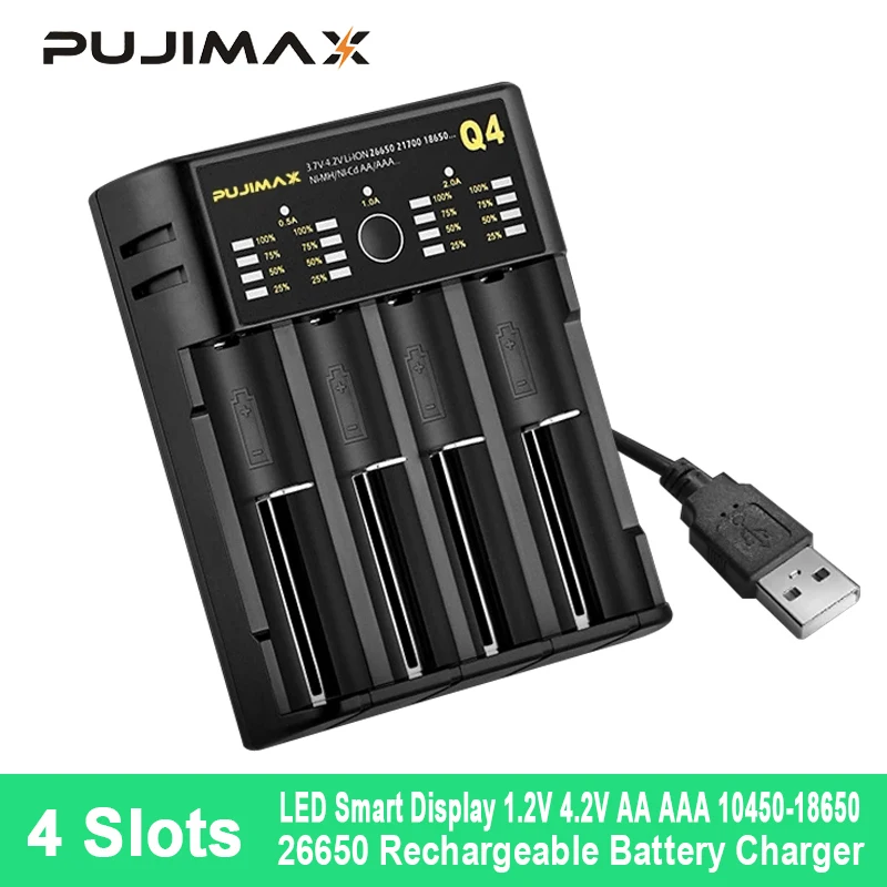 

PUJIMAX 4 Slots 18650 Battery Charger Smart LED Display Adjustable Current For 18350 18500 21700 20700 Lithium Battery Charging
