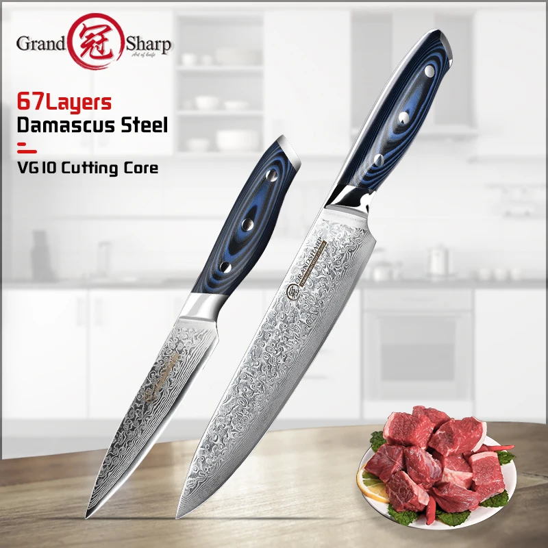 

Grandsharp Damascus Knife Sets 2 Pcs Damascus Japanese Stainless Steel VG10 Chef Utility Knives Cooking Kitchen Chef Knife Pro