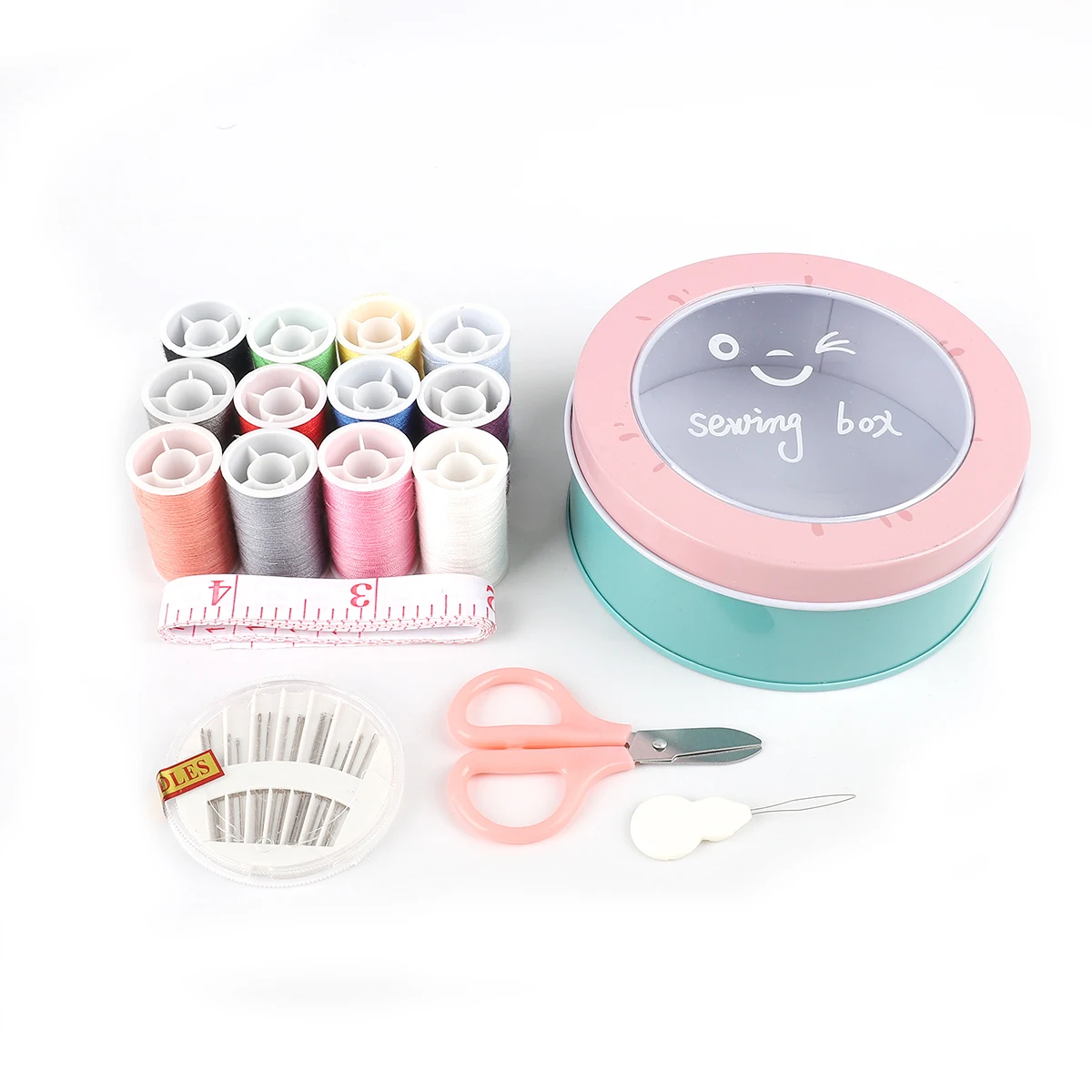 

4.5X11cm Portable Mini Travel Sewing Kits Metal Box Sewing Needle Tape Measure Scissors Needle Threader 12-Color Cotton Thread