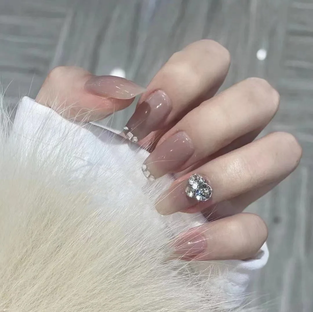 

24pcs Fake Nails With Designs Diamond Natural Color Nail With Zirconia False Nail Set Waterproof Nail Art Supplies DL