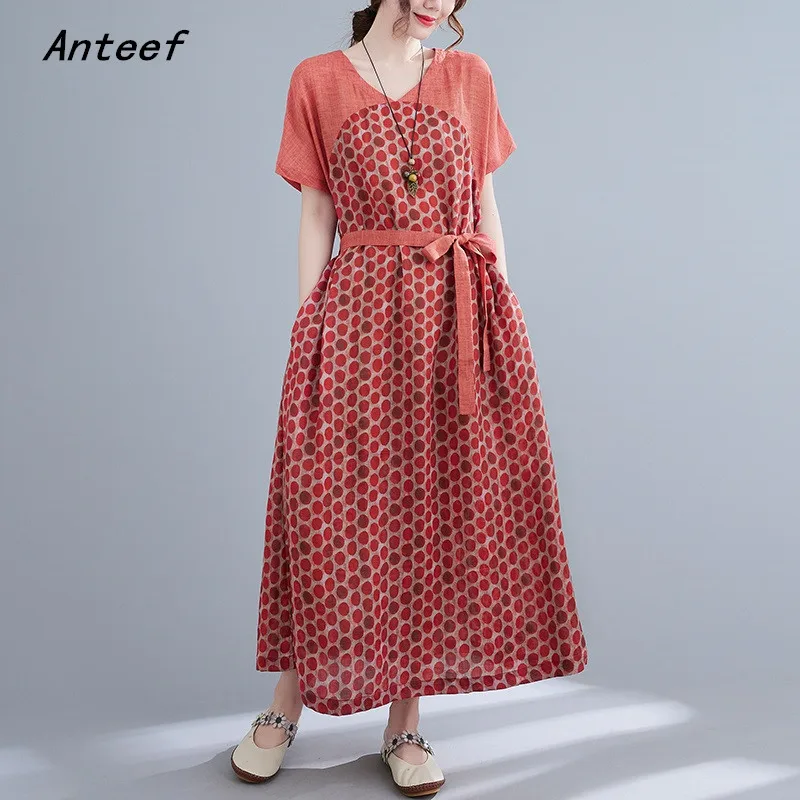 

Винтажные хлопковые платья в горошек с коротким рукавом для женщин, повседневное Свободное длинное женское летнее платье, элегантная одежд...