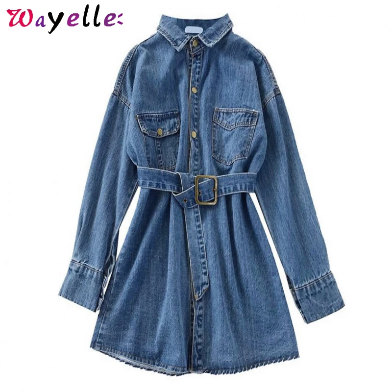 Джинсовое платье рубашка на осень и зиму винтажное повседневное Синее джинсовое