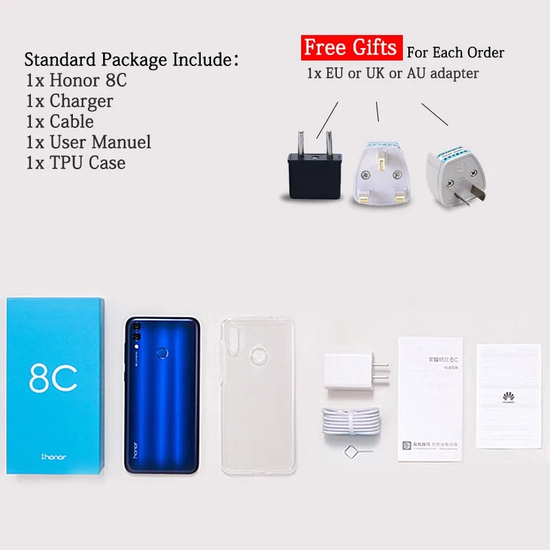 Глобальная прошивка поддержка HONOR 8C 6,26 дюймов Snapdragon 632 Octa Core 4000 мАч 3 карты VoLTE Face ID полный Экран мобильного телефона из закаленного стекла