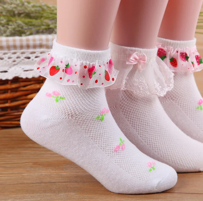 Calcetines de encaje con lazo de fresa para ni&ntilde;a, medias de algod&oacute;n transpirables de malla para ni&ntilde;o, 1 par-2