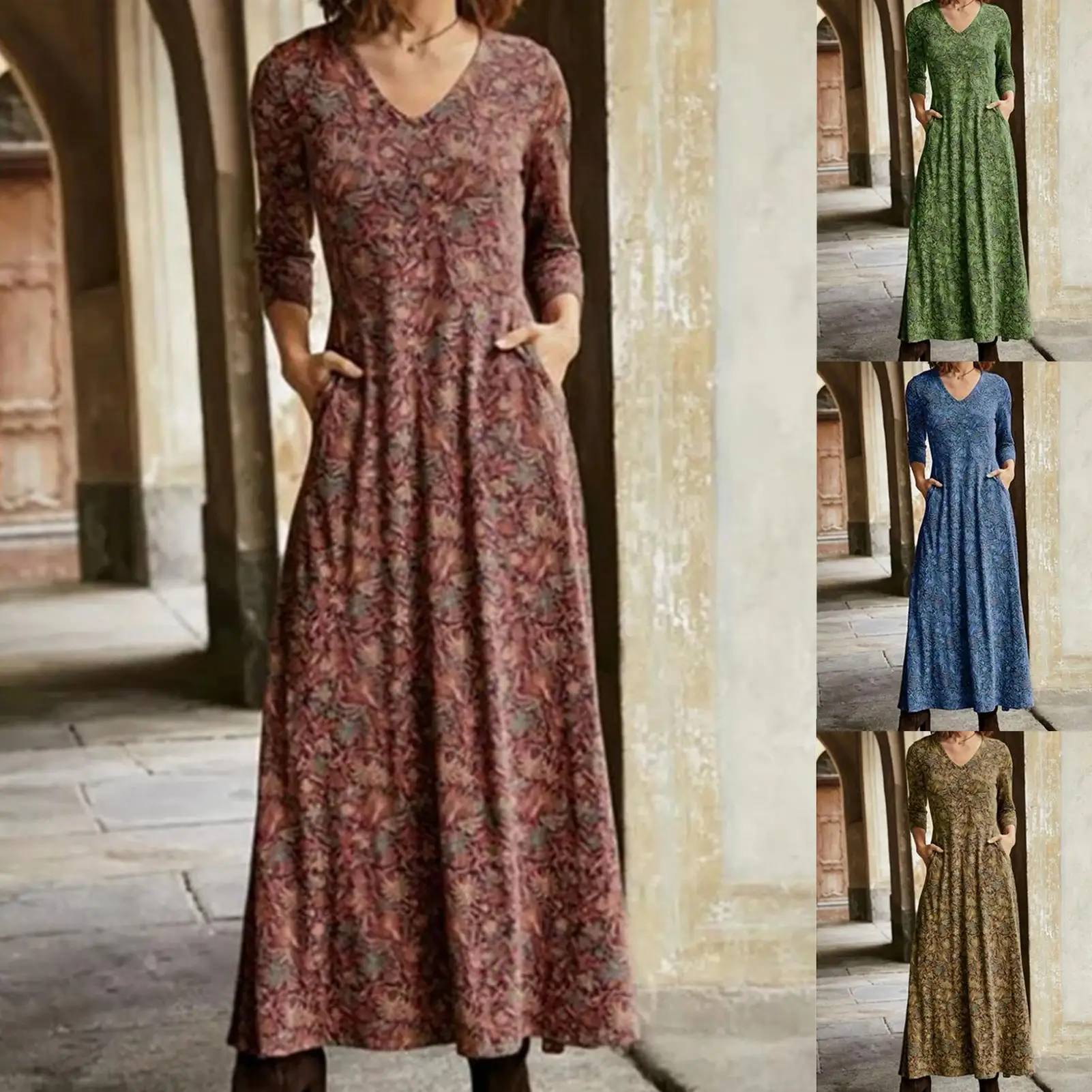 

Vintage Women V Neck Long Sleeve Large Hem Printed Pockets A-line Maxi Dress