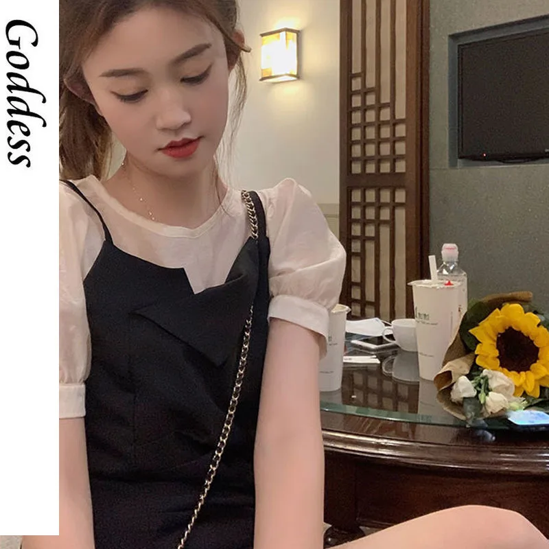 

2021 Summer Chic Elegant Vintage Dresses Women Short Sleeve Basic Casual Dress Fake Two One Piece Dress Korean Office Ladies
