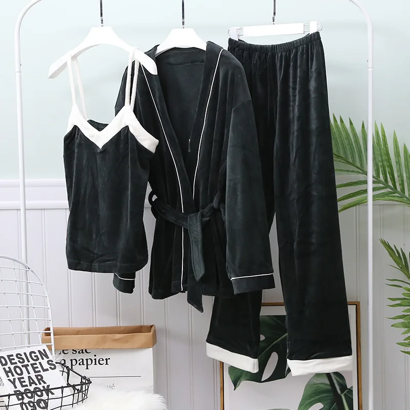Blackish green Фланелевая женская зимняя теплая Пижама, комплект из 3 предметов, теплая пижама с длинными рукавами для русской зимы - Цвет: Blackish green