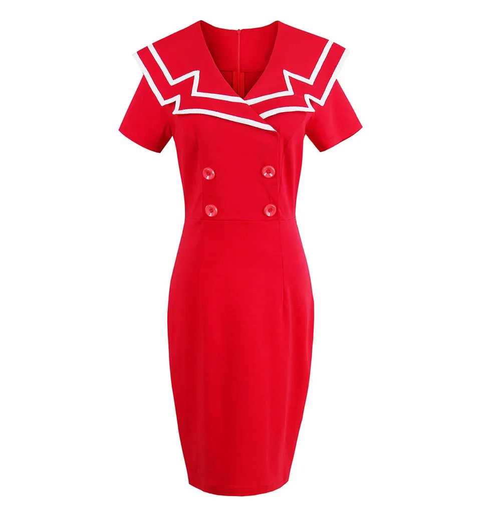 Sisjuly женщины Bodycon платье старинные короткие кнопки партии 1950-х годов круглый вырез лето женский Красный Сексуальная мода ретро карандаш платье девушка