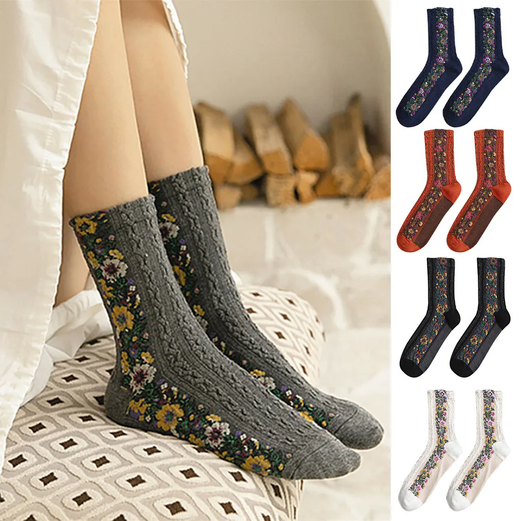 Женские креативные ретро чулки в цветочек цветные повседневные хлопковые