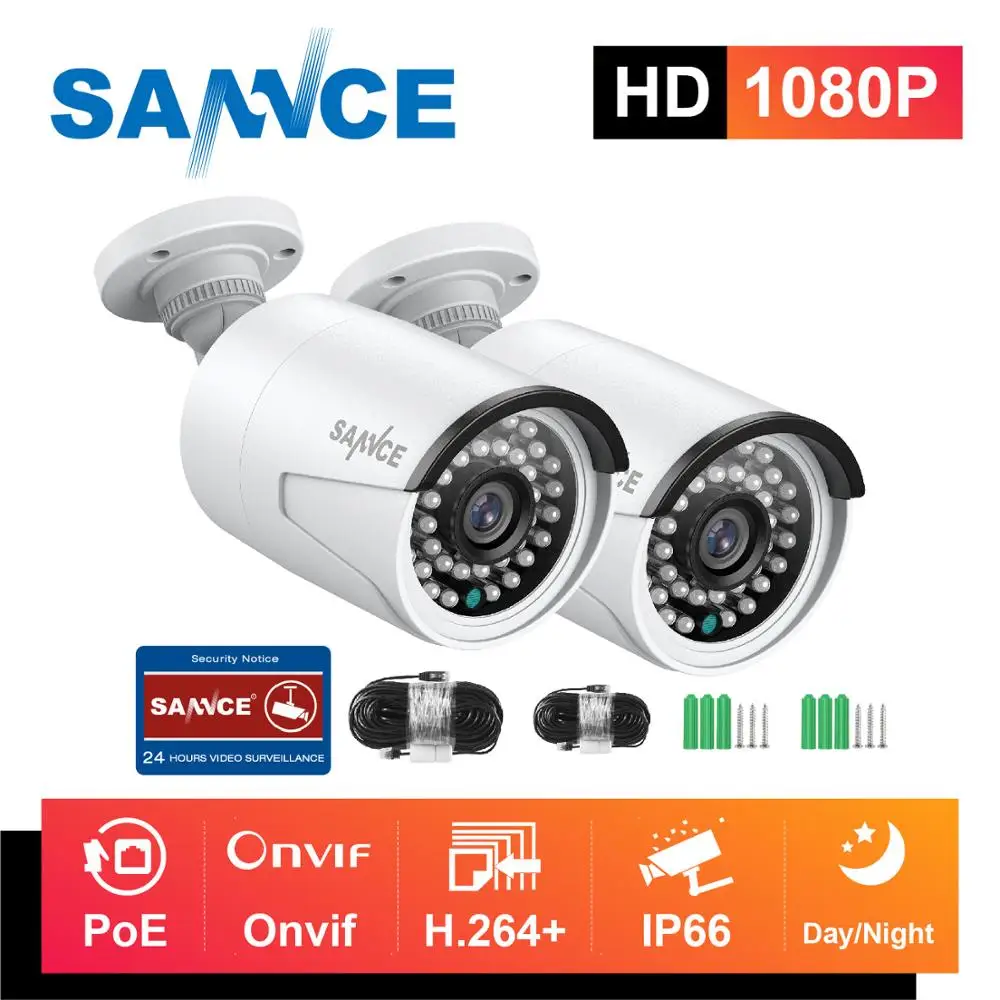 SANNCE 2 шт. Ультра HD 2MP POE камера для улицы и дома, защищенная от атмосферных воздействий, сетевая пуля EXIR, ночное видение, оповещение по электронной почте, камера, комплект