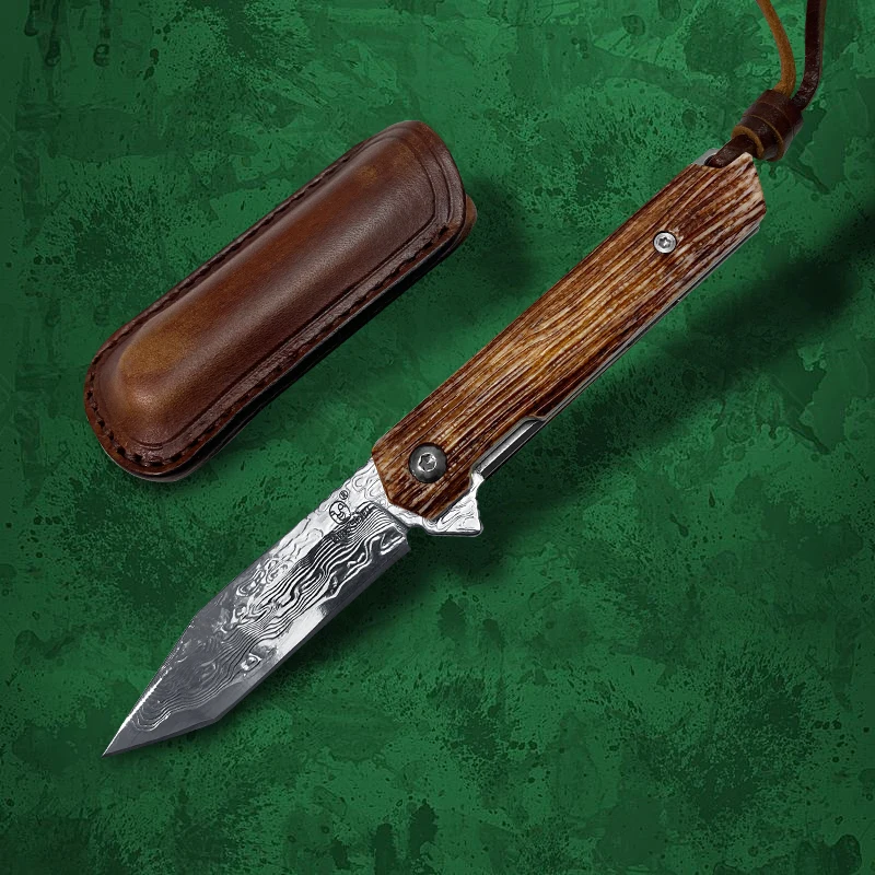 

VG10 Damascus Steel 5.4 Inch Pocket Camel Bone Folding Knife Outdoor Camping Combat Knife Survival Hunting Tactical EDC Tool