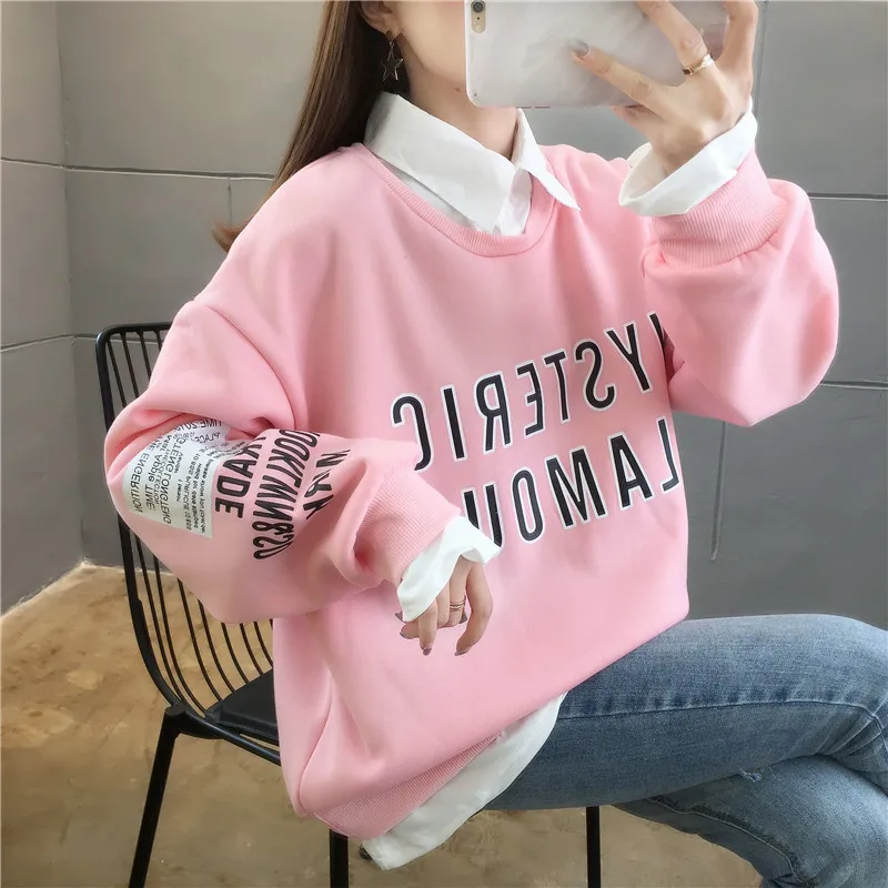 

Oversized Sweatshirt Women Winter Clothes Streetwear Korean Fashion Clothing Graphic Vintage Long Sleeve Top Pink Patchwork