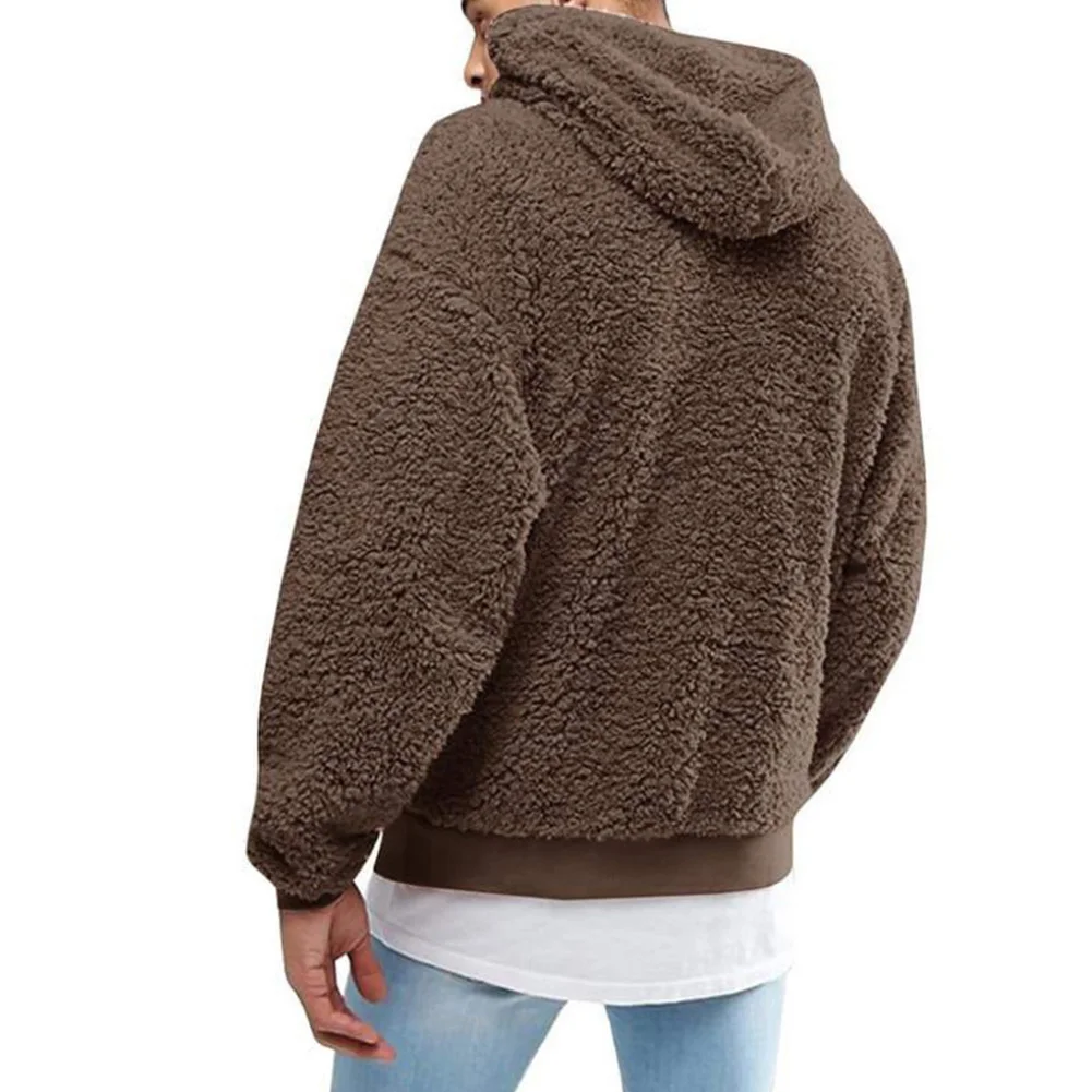 Winter Men's Solid Color Fluffy Wool Hooded Coat Pullover Warm Sweatshirt Velvet Fleece Hooded Men's Sweater images - 6