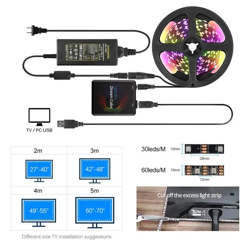 2 м 3M 4M 5 м 5050 Ambi светильник-ТВ RGB USB Светодиодная лента Светильник Настольный ПК экран тыловая подсветка комплект цифровых светодиодных лент