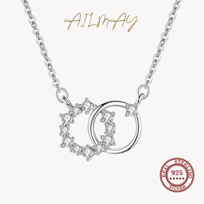 Ailmay 925 Sterling Silver Double Circle Tiny Flower Round Sterling Pendant Necklace For Women Wedding Engagement Jewelry