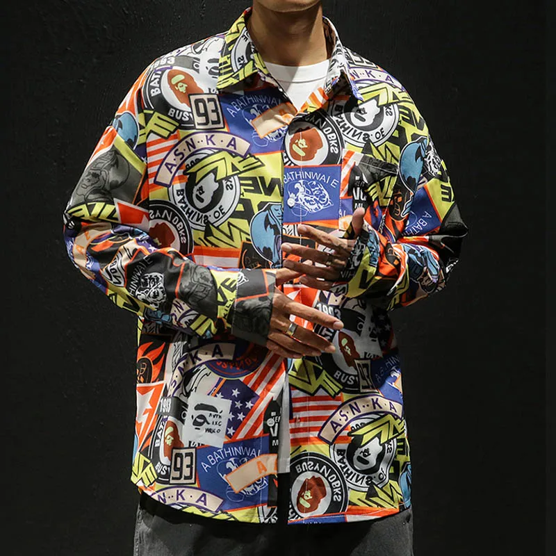 Рубашка мужская с длинным рукавом уличная одежда свободная блузка принтом