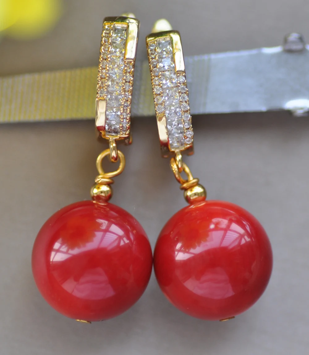 

Z10214 настоящий огромный 15 мм круглый красный коралловый болтающийся серьги CZ