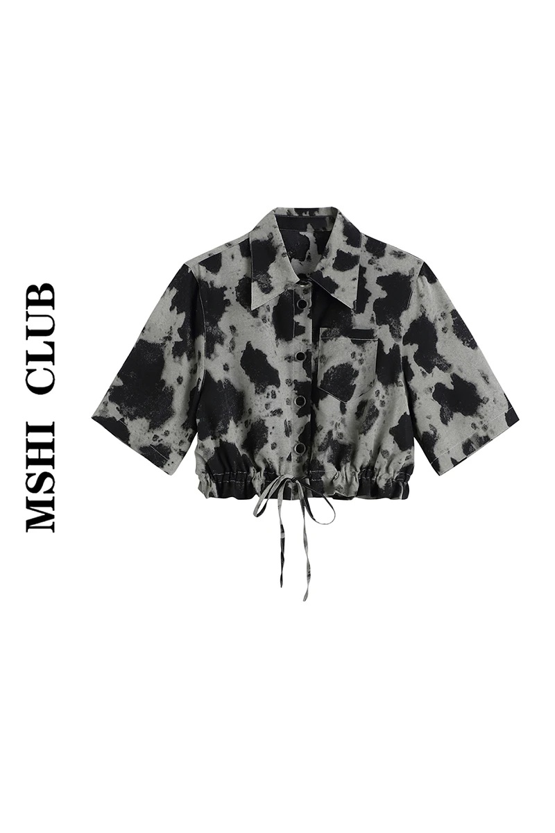 

Splashed Ink Printing Shirt Women's Short Hong Kong Style Blooming Shirt Drawstring Waist-Controlled Top
