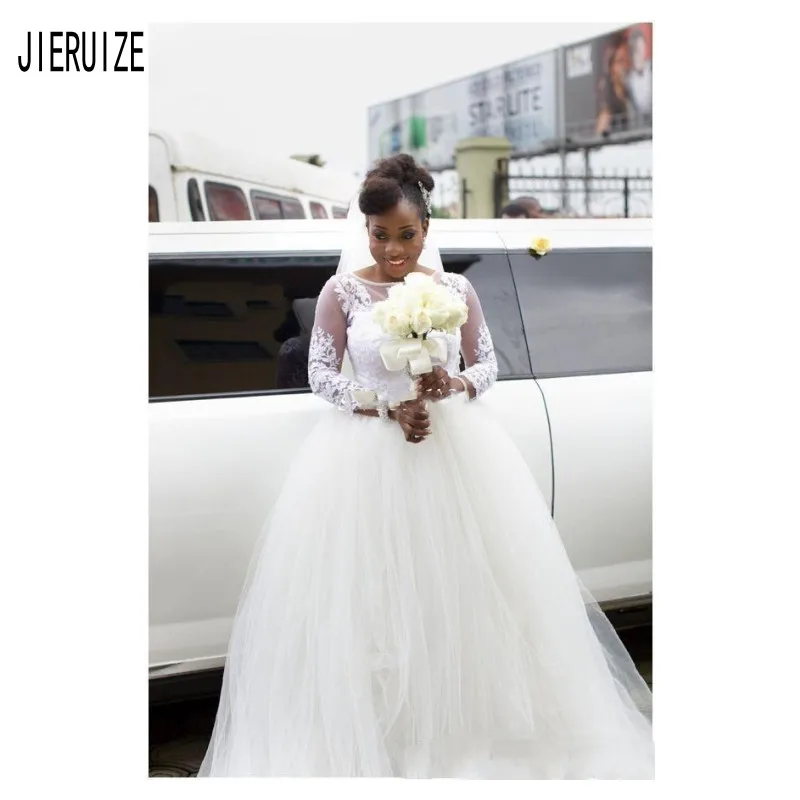 

JIERUIZE African Tulle Wedding Dresses Sheer Scoop Neck 3/4 Sleeves Button Back Lace Appliques Bridal Gowns vestido de noiva