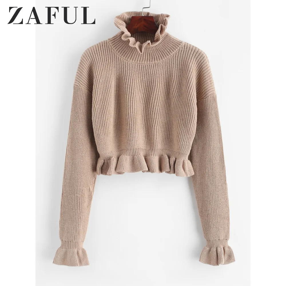 Женский Однотонный свитер с оборками ZAFUL повседневный короткий пуловер на осень