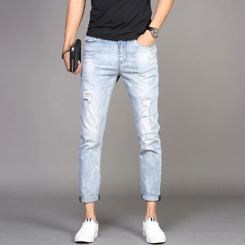Summer Stretch Ripped Jeans Men Light Blue Slim Fit Ankle-Length Pants Fashion Streetwear Thin Denim Trousers