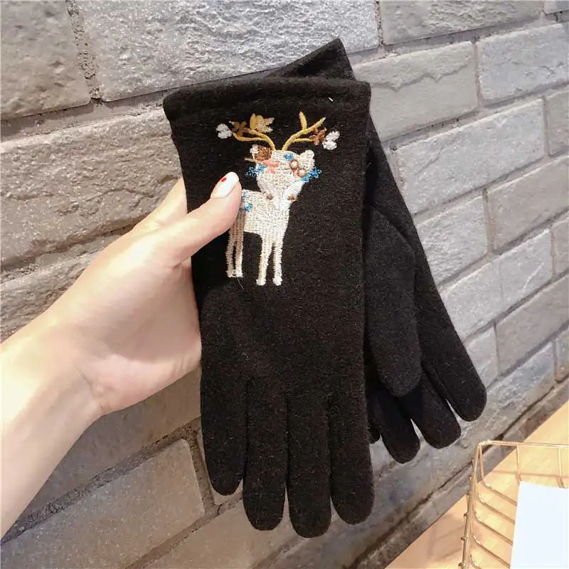 Милые зимние перчатки сенсорный экран для женщин пять пальцев Кашемир Вышивка лося Рождественский подарок женские толстые теплые перчатки - Цвет: black