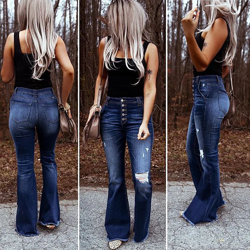 

Women Denim High Waist Flare Jeans Boyfriend Ripped Calca Jeans Lady Skinny Bell Bottom Jeans Pants Wide Leg Mom Jeans Plus Size