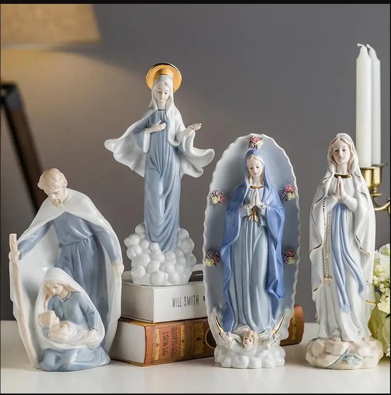 

European Ceramics Christianity Jesus Virgin Mary Statue Decoration Home Livingroom Desktop Figurines Office Ornaments Crafts Art