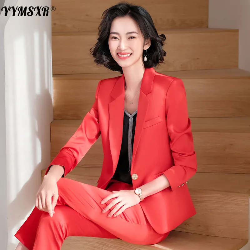 Autumn and Winter Women's Professional Suit Two-piece Satin Slim-fit Jacket Casual High-waist Nine-point Pants Formal Wear 2022