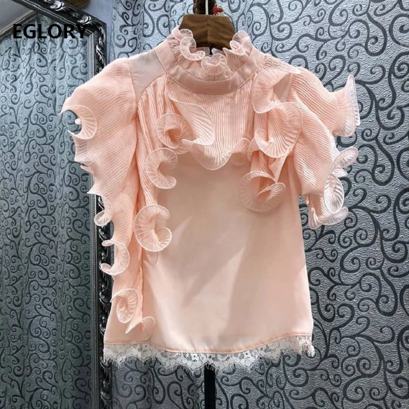 

2021 Summer Fashion Tops High Quality Women Pleated Ruffle Deco Short Sleeve Casual Pink Red Black Tops Ladies Cotton Blouses