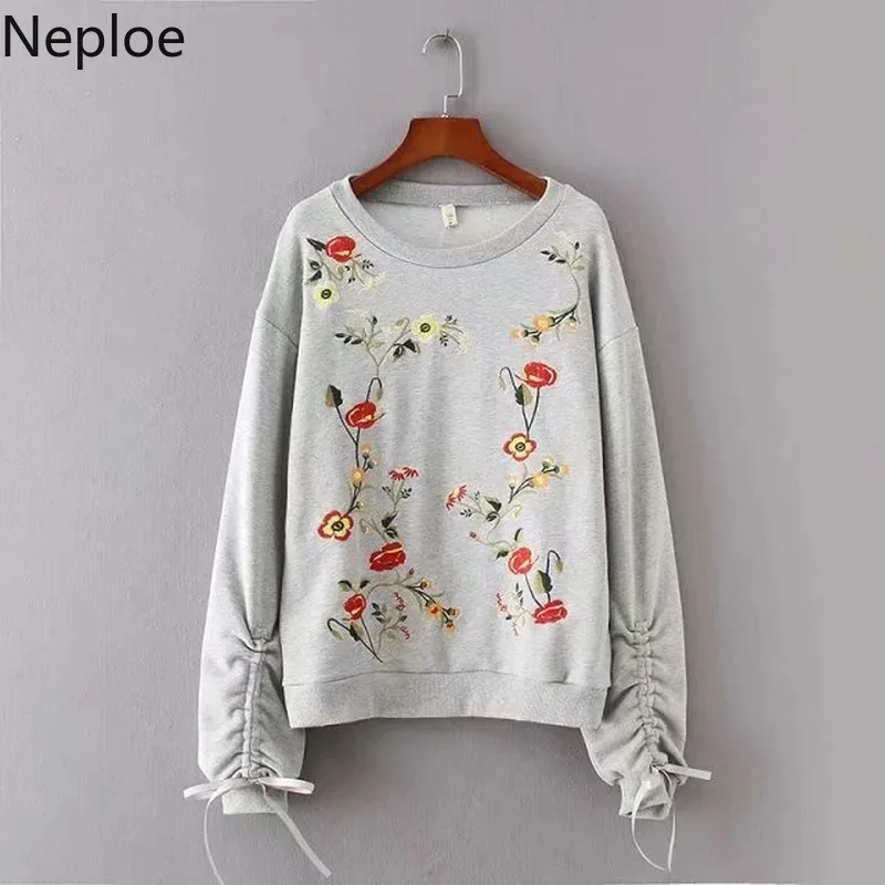 Neploe Корейская Милая Цветочная вышивка толстовки с круглым вырезом длинными
