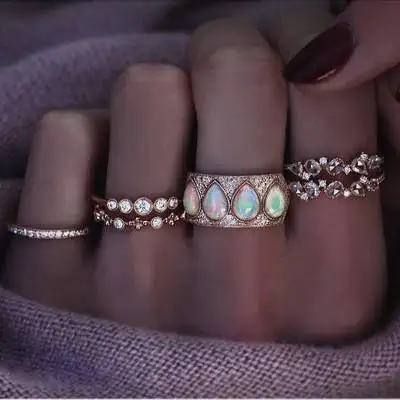 

European and American jewelry with hot sale water drop natural stone suit ring bird eye shape for women female gifts wholesale