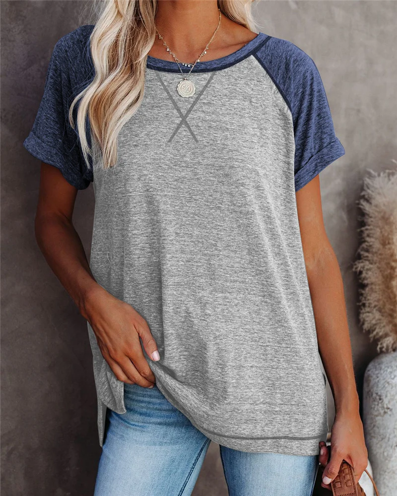 

2021 Summer New Women's Color Matching Cross Loose Short Sleeve Casual T-Shirt Tops Ladies Fashion Groot Befree Harajuku Shirt