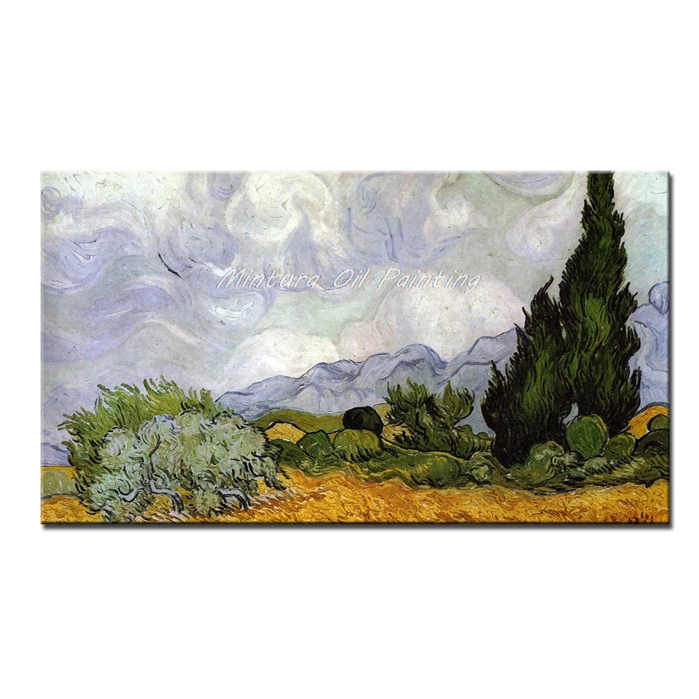 

Mintura Hand Painted Vincent Van Gogh Impressionist Famous Oil Painting On Canvas Wheat Field With Cypresses For Home Decoration